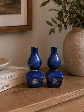 Pair Blue Ceramic Mini Vases 5” Tall Cobalt Glaze Decorative Pottery No Mark